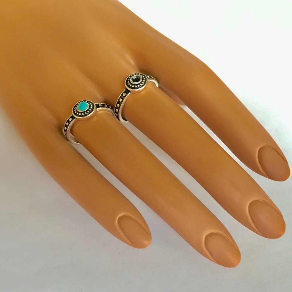 Silver Tone Boho Tribal Cocktail Ring Size 7 Stacks Turquoise
